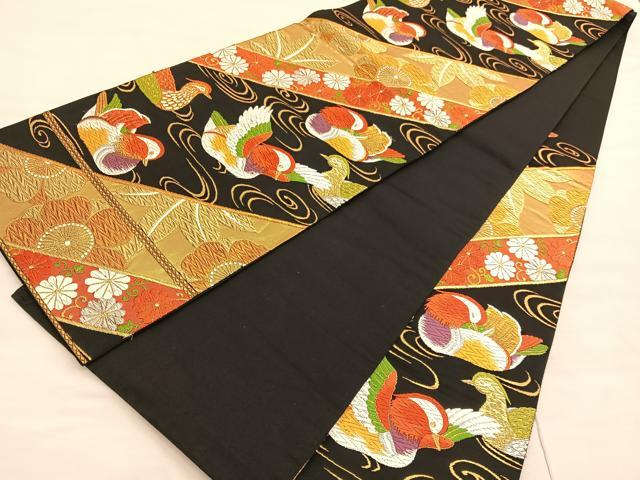 平和屋着物◎六通柄袋帯　唐織　鴛鴦花文　黒地　金銀糸　正絹　逸品　BAAV3049hv