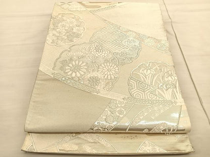 平和屋着物◎六通柄袋帯　唐織　雪輪花文　銀糸　正絹　逸品　BAAV3054hv