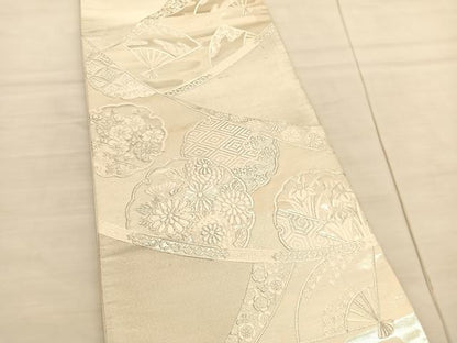 平和屋着物◎六通柄袋帯　唐織　雪輪花文　銀糸　正絹　逸品　BAAV3054hv