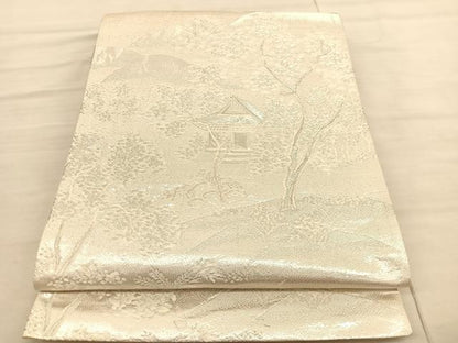 平和屋着物◎六通柄袋帯　唐織　風景文　銀糸　正絹　逸品　BAAV3059hv