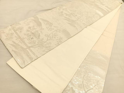 平和屋着物◎六通柄袋帯　唐織　風景文　銀糸　正絹　逸品　BAAV3059hv