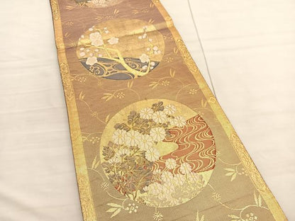 平和屋着物◎六通柄袋帯　流水菊丸文　金糸　正絹　逸品　BAAV3114hv