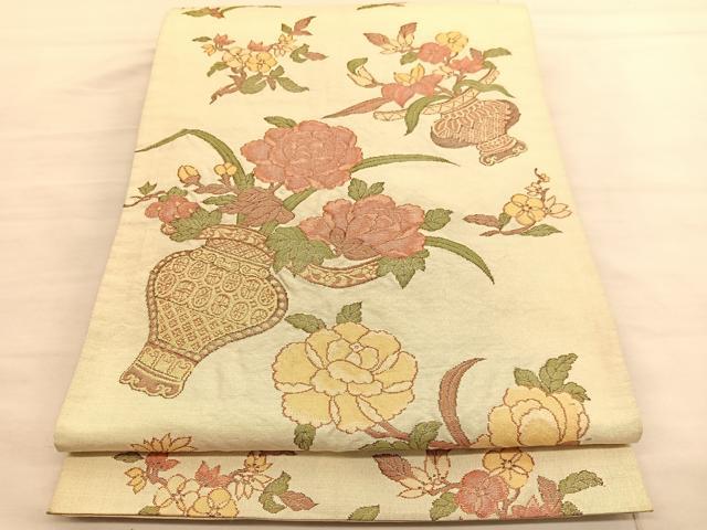 平和屋着物◎六通柄袋帯　陶器花文　金糸　正絹　逸品　BAAV3122hv