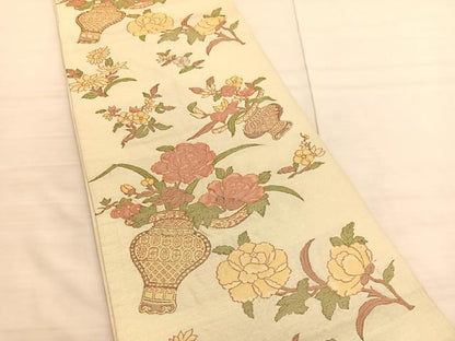 平和屋着物◎六通柄袋帯　陶器花文　金糸　正絹　逸品　BAAV3122hv