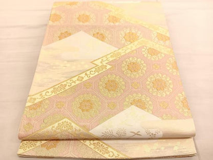平和屋着物◎六通柄袋帯　杢彩錦　松皮菱亀甲花文　金糸　正絹　逸品　BAAV3144hv