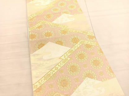 平和屋着物◎六通柄袋帯　杢彩錦　松皮菱亀甲花文　金糸　正絹　逸品　BAAV3144hv