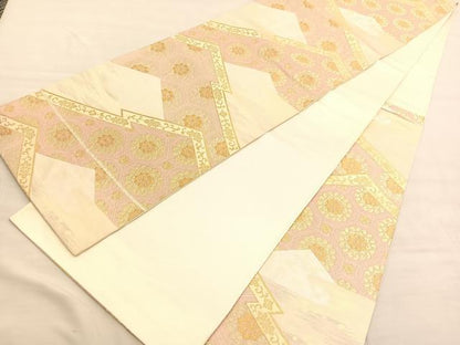平和屋着物◎六通柄袋帯　杢彩錦　松皮菱亀甲花文　金糸　正絹　逸品　BAAV3144hv