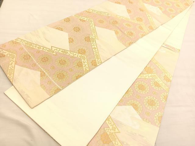 平和屋着物◎六通柄袋帯　杢彩錦　松皮菱亀甲花文　金糸　正絹　逸品　BAAV3144hv