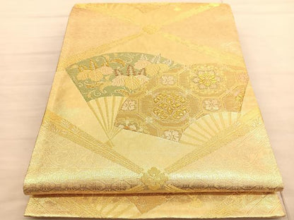 平和屋着物◎佐賀錦　六通柄袋帯　扇面花文　金糸　正絹　逸品　BAAV3201hv