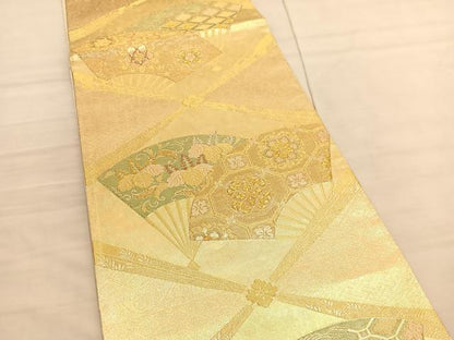平和屋着物◎佐賀錦　六通柄袋帯　扇面花文　金糸　正絹　逸品　BAAV3201hv