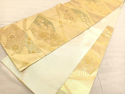 平和屋着物◎佐賀錦　六通柄袋帯　扇面花文　金糸　正絹　逸品　BAAV3201hv