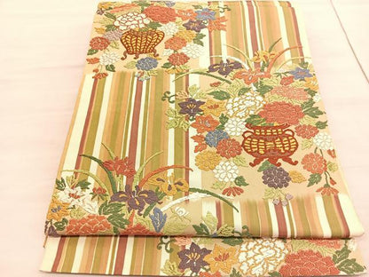 平和屋着物●六通柄袋帯 唐織 花篭文 正絹 逸品 BAAV3265hv