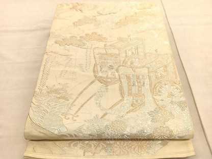 平和屋着物◎全通柄袋帯　美保姿　御所車花文　金銀糸　正絹　逸品　BAAV3267hv