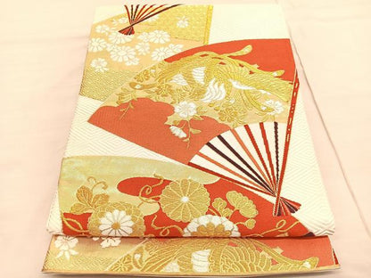 平和屋着物◎六通柄袋帯　唐織　鳳凰扇面散文　金糸　正絹　逸品　BAAV3287hv
