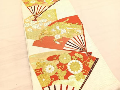 平和屋着物◎六通柄袋帯　唐織　鳳凰扇面散文　金糸　正絹　逸品　BAAV3287hv