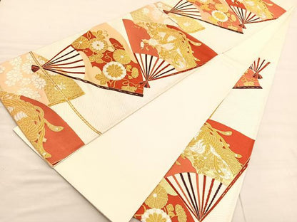 平和屋着物◎六通柄袋帯　唐織　鳳凰扇面散文　金糸　正絹　逸品　BAAV3287hv