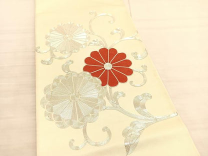 平和屋着物◎太鼓柄袋帯　総駒刺繍　花唐草文　銀糸　引箔　正絹　逸品　BAAV3292hv