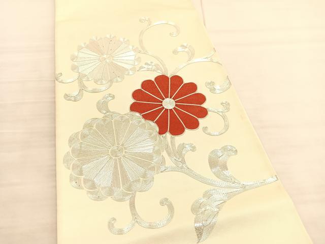 平和屋着物◎太鼓柄袋帯　総駒刺繍　花唐草文　銀糸　引箔　正絹　逸品　BAAV3292hv