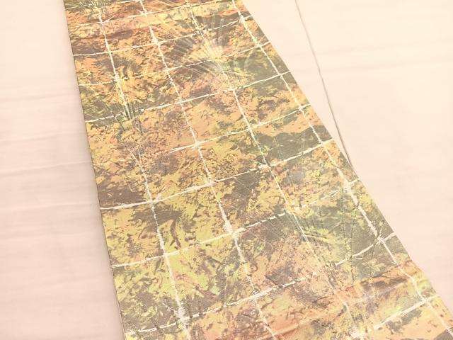 平和屋着物◎六通柄袋帯　唐織　格子草葉文　金糸　正絹　逸品　BAAV3314hv