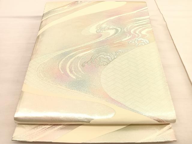 平和屋着物◎六通柄袋帯　立波文　銀糸　正絹　逸品　BAAV3358hv