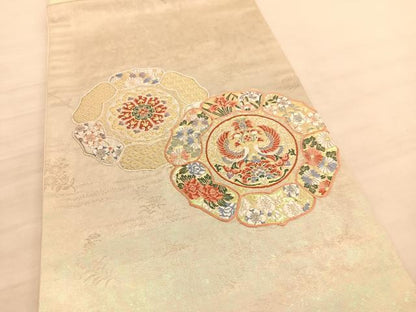 平和屋着物◎太鼓柄袋帯　唐織　向かい鳳凰花絵皿文　金糸　正絹　逸品　BAAV3372hv