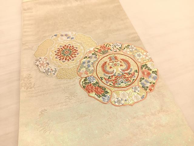 平和屋着物◎太鼓柄袋帯　唐織　向かい鳳凰花絵皿文　金糸　正絹　逸品　BAAV3372hv