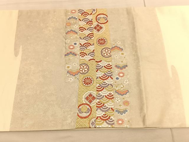 平和屋着物◎太鼓柄袋帯　唐織　向かい鳳凰花絵皿文　金糸　正絹　逸品　BAAV3372hv