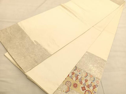 平和屋着物◎太鼓柄袋帯　唐織　向かい鳳凰花絵皿文　金糸　正絹　逸品　BAAV3372hv