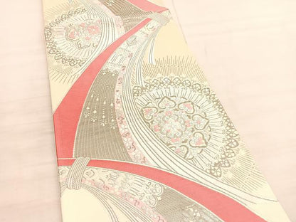 平和屋着物◎六通柄袋帯　唐織　熨斗取華文　プラチナ箔　正絹　逸品　BAAV3379hv