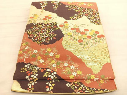 平和屋着物◎六通柄　本袋帯　唐織　道長花文　金糸　正絹　逸品　BAAV3386hv