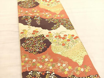 平和屋着物◎六通柄　本袋帯　唐織　道長花文　金糸　正絹　逸品　BAAV3386hv