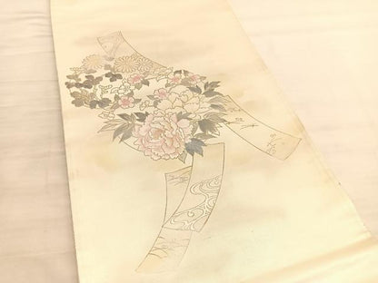 平和屋着物◎太鼓柄袋帯 短冊牡丹文 金銀彩 引箔 正絹 逸品 BAAV3395hv