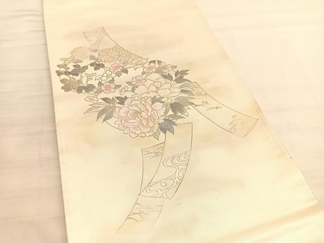 平和屋着物◎太鼓柄袋帯 短冊牡丹文 金銀彩 引箔 正絹 逸品 BAAV3395hv