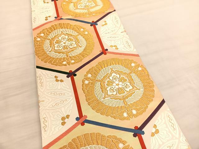 平和屋着物◎六通柄袋帯　唐織　亀甲向蝶文　金糸　引箔　正絹　逸品　BAAV3436hv