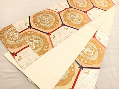 平和屋着物◎六通柄袋帯　唐織　亀甲向蝶文　金糸　引箔　正絹　逸品　BAAV3436hv