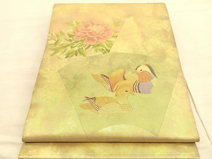 平和屋着物◎六通柄袋帯　鴛鴦地紙花文　金糸　引箔　正絹　逸品　BAAV3444hv