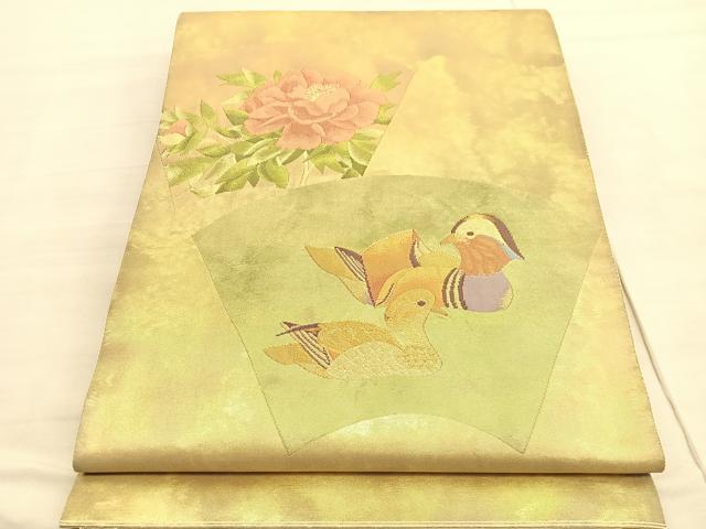 平和屋着物◎六通柄袋帯　鴛鴦地紙花文　金糸　引箔　正絹　逸品　BAAV3444hv