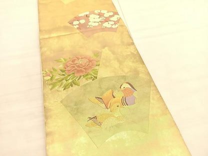 平和屋着物◎六通柄袋帯　鴛鴦地紙花文　金糸　引箔　正絹　逸品　BAAV3444hv