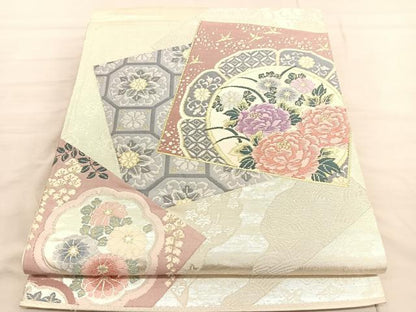 平和屋着物◎六通柄袋帯　唐織　色紙花絵皿文　金銀糸　正絹　逸品　BAAV3450hv