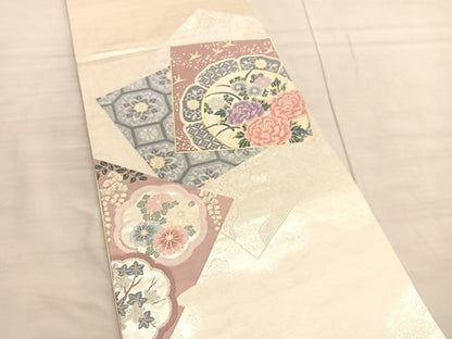 平和屋着物◎六通柄袋帯　唐織　色紙花絵皿文　金銀糸　正絹　逸品　BAAV3450hv