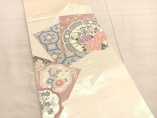 平和屋着物◎六通柄袋帯　唐織　色紙花絵皿文　金銀糸　正絹　逸品　BAAV3450hv