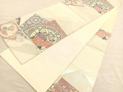平和屋着物◎六通柄袋帯　唐織　色紙花絵皿文　金銀糸　正絹　逸品　BAAV3450hv