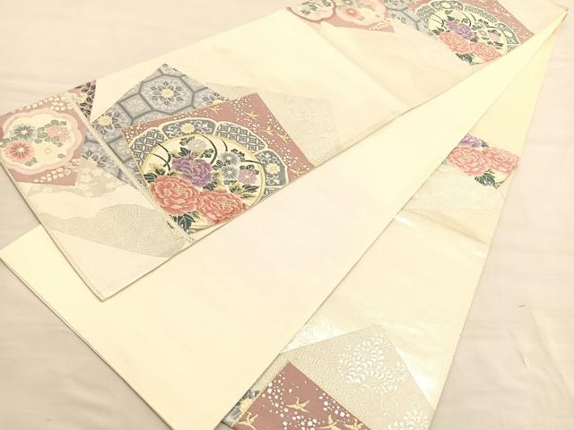 平和屋着物◎六通柄袋帯　唐織　色紙花絵皿文　金銀糸　正絹　逸品　BAAV3450hv
