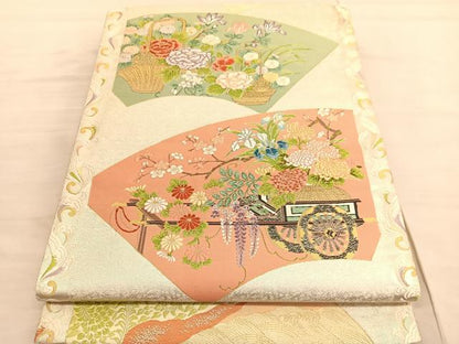 平和屋着物◎六通柄袋帯　唐織　扇面花車　金糸　正絹　逸品　BAAV3452hv