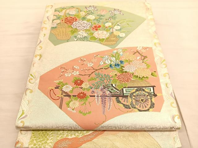 平和屋着物◎六通柄袋帯　唐織　扇面花車　金糸　正絹　逸品　BAAV3452hv
