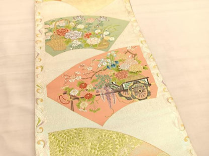 平和屋着物◎六通柄袋帯　唐織　扇面花車　金糸　正絹　逸品　BAAV3452hv