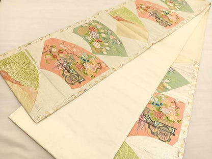 平和屋着物◎六通柄袋帯　唐織　扇面花車　金糸　正絹　逸品　BAAV3452hv