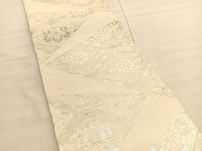 平和屋着物◎六通柄袋帯　菱天井花文　白鳥錦　銀糸　正絹　逸品　BAAV3458hv