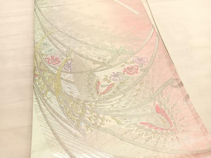 平和屋着物◎六通柄袋帯　唐織　孔雀花蝶文　金銀糸　正絹　逸品　BAAV3470hv