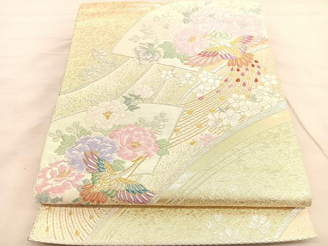 平和屋着物◎六通柄袋帯　唐織　孔雀地紙花文　金銀糸　正絹　逸品　BAAV3477hv